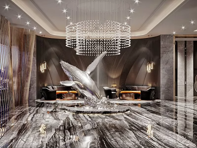 Modern Luxury KTV Lobby Interior With Chandelier Whale Sculpture Marble Floor And Sofa 3d model