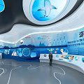 Modern Exhibition Hall Interior With Curved Design Blue Elements And Interactive Displays 3d model