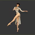 Woman Dancing In Traditional Floral Dress With Lifted Leg And Extended Arms On Gray Background