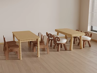Simple Wooden Table Chair Combination For Indoor Kids Room With Natural Wood Tone And Comfortable Seats 3d model