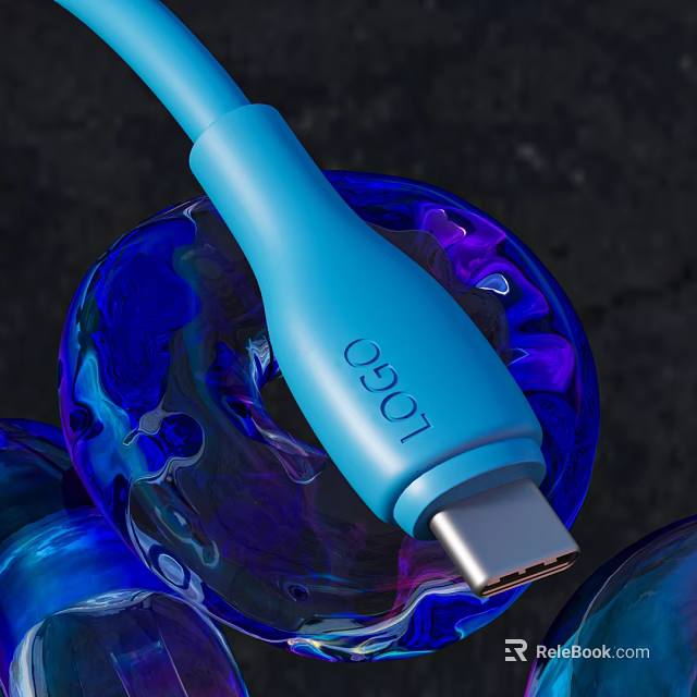 Blue USB C Data Cable With Logo On Transparent Blue Sphere For Mobile Digital Use 3d model 