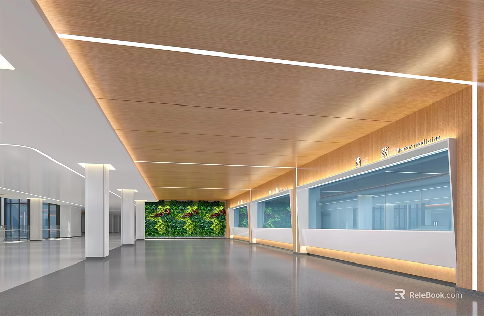 Modern Hospital Outpatient Clinic Spacious Hall With Wooden Ceiling Green Plant Wall And Glass Partitions 3d model 