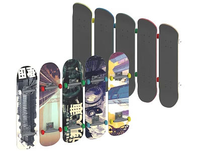 Skateboards Sports Equipment With Various Graphic Designs Different Colors And Styles 3d model