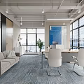 Modern Office Interior With White Chairs Long Table Wall Posters Hanging Lights And Green Plants