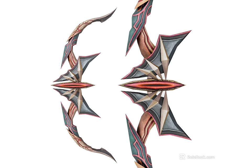 Unique Bow Weapon With Elaborate Red Black Green Design And Arrow Structure 3d model