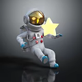 Man In White Astronaut Spacesuit With Helmet Holding Yellow Star Sitting On Dark Reflective Surface