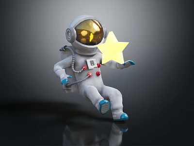 Man In White Astronaut Spacesuit With Helmet Holding Yellow Star Sitting On Dark Reflective Surface 3d model