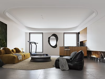 Modern Living Room Interior With Mustard Sofa Round Mirror And Treadmill 3d model
