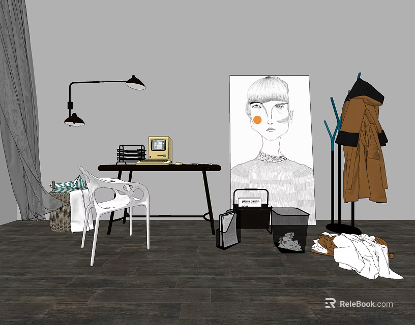 Vintage Desk Setup With Table Lamp TV Chair Wall Art And Coat Rack 3d model 