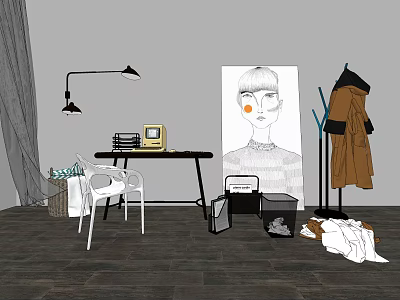 Vintage Desk Setup With Table Lamp TV Chair Wall Art And Coat Rack 3d model