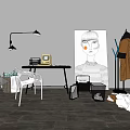 Vintage Desk Setup With Table Lamp TV Chair Wall Art And Coat Rack