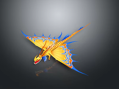 Colorful Dragon Model With Yellow And Blue Wings And Tail On Gray Background 3d model