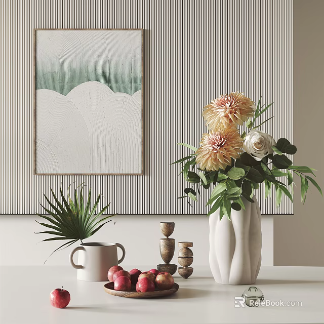 Stylish Decorative Ornament Set with Artwork Vase Flowers Green Plant Mug and Fruits 3d model 