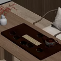 Elegant Tea Set With Wooden Tray Cups And Teapot On Natural Table