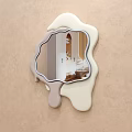 Irregular Shaped Mirror Reflecting Bedroom With Bed Pillows And Striped Wall