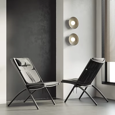 Two Modern Lounge Chairs in Interior with Gray Wall Round White Lights and Window Blinds 3d model