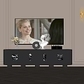 Wooden TV Stand with Vase Statue Record and Wall Lamps in Herringbone Floor Room