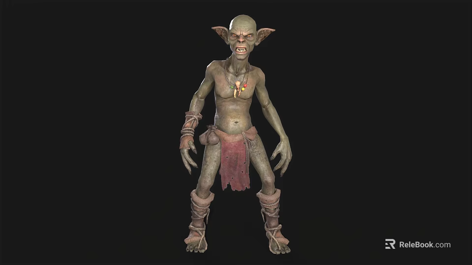 Green Skinned Goblin Game Movie Character With Pointed Ears Tattered Clothing And Ornamental Necklace 3d model 
