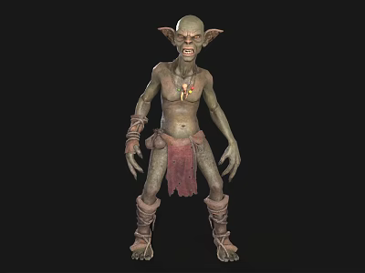 Green Skinned Goblin Game Movie Character With Pointed Ears Tattered Clothing And Ornamental Necklace 3d model
