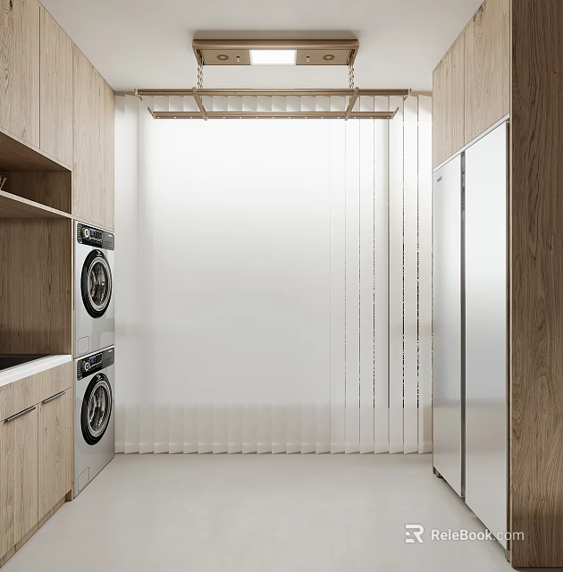 Modern Laundry Room Interior With Stacked Washing Machine Dryer Wooden And Metal Cabinets Blinds 3d model 