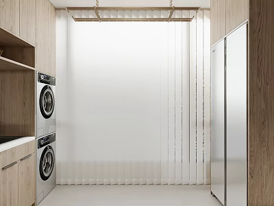 Modern Laundry Room Interior With Stacked Washing Machine Dryer Wooden And Metal Cabinets Blinds 3d model