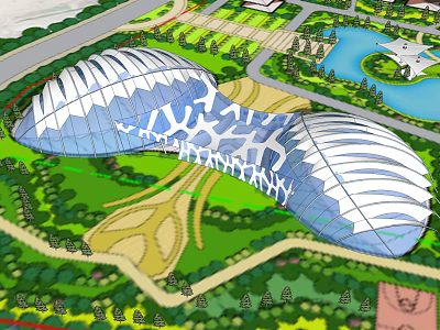 Museum Building With Unique Glass Dome Design Set in Lush Green Landscape Near Water Pond 3d model