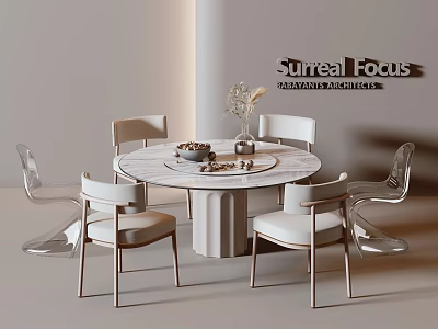 Modern Round Dining Table Set With Marble Top And Transparent Upholstered Chairs 3d model