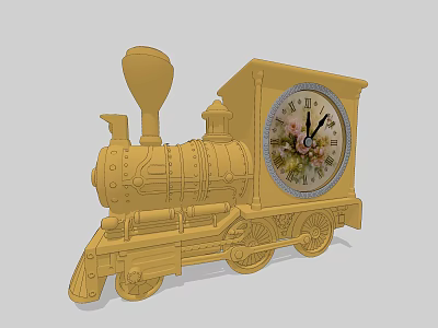 Vintage Yellow Steam Locomotive Clock With Floral Dial And Wheels Design 3d model
