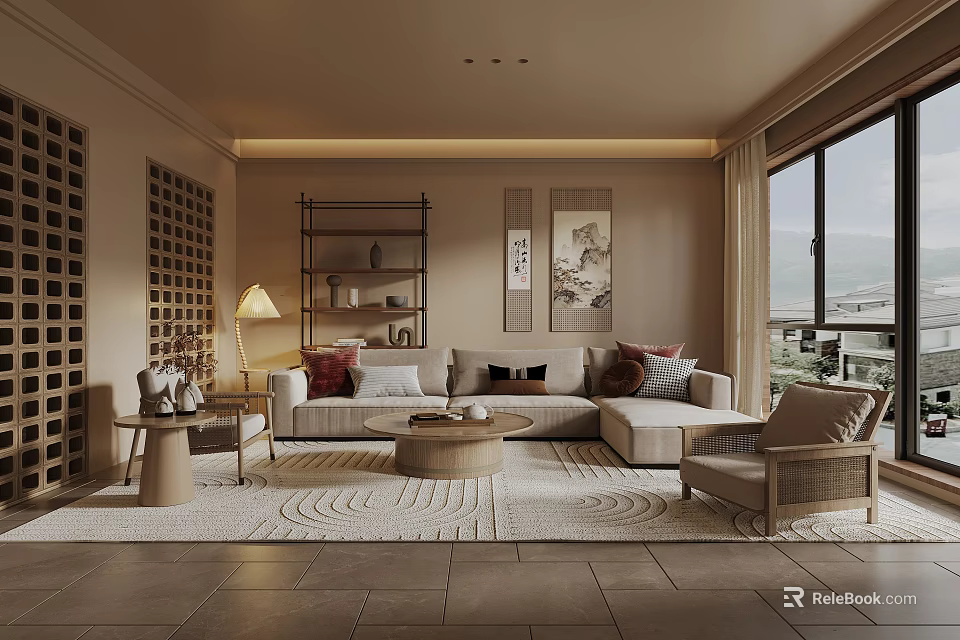 Modern Luxury Living Room Interior Design With Sofa Coffee Table Area Rug And Decorative Items 3d model 