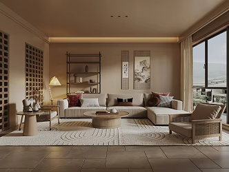 Home Living Room Fabric Sofa Coffee Table Combination Solid Wood Coffee Table Carpet Leisure Sofa Chair Decorations 3d model