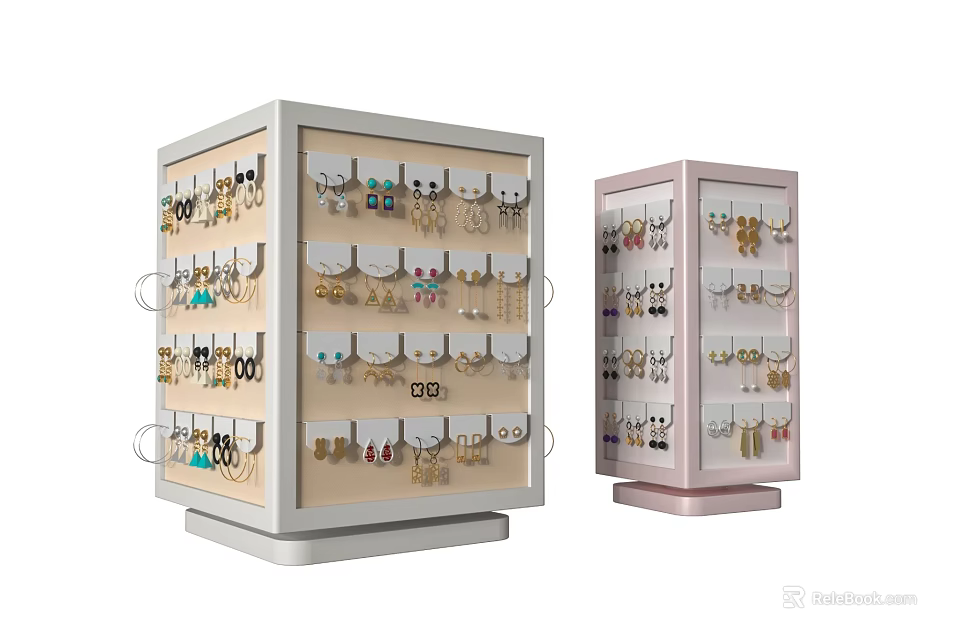 Jewelry Display Cases In White And Pink With Various Earrings And Necklaces 3d model 