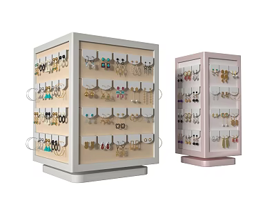 Jewelry Display Cases In White And Pink With Various Earrings And Necklaces 3d model