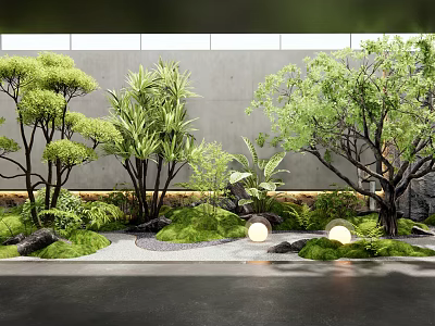 Modern Courtyard Garden With Lush Trees Green Plants Stone Pathway And Soft Lighting 3d model