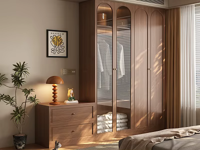 Wooden Wardrobe with Glass Doors in Cozy Bedroom Featuring Sunlight Plant and Painting 3d model