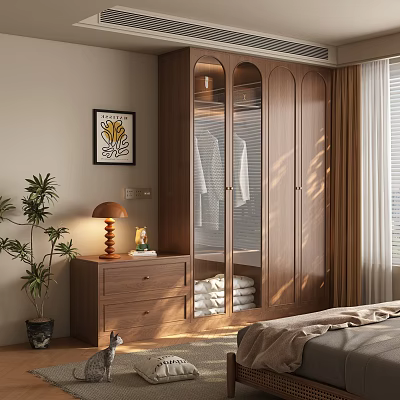 Wooden Wardrobe with Glass Doors in Cozy Bedroom Featuring Sunlight Plant and Painting 3d model