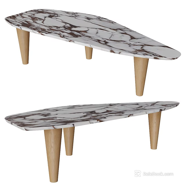 Modern Coffee Table With Marble Top And Wooden Legs In Oval Minimalist Design 3d model 