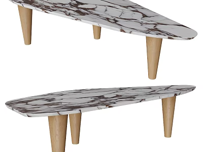 Modern Coffee Table With Marble Top And Wooden Legs In Oval Minimalist Design 3d model