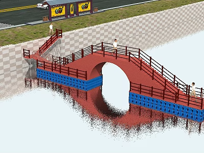 Scenic Landscape Bridge with Arch Structure Red Railings and Water Surface Reflection 3d model