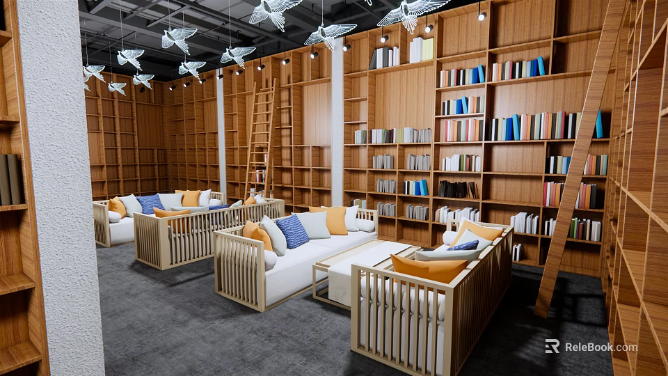 Book Art Interior Design With Wooden Bookshelves Cozy Sofas And Decorative Ladder 3d model 