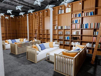 Book Art Interior Design With Wooden Bookshelves Cozy Sofas And Decorative Ladder 3d model