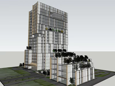 Modern High Rise Office Building With Glass Curtain Wall And Greenery 3d model