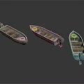 Three Small Boats With Wooden Seats And Metal Hulls On Dark Reflective Surface