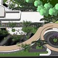 Modern Garden Landscape Design Featuring Curved Pathways Lush Greenery And Pavilion
