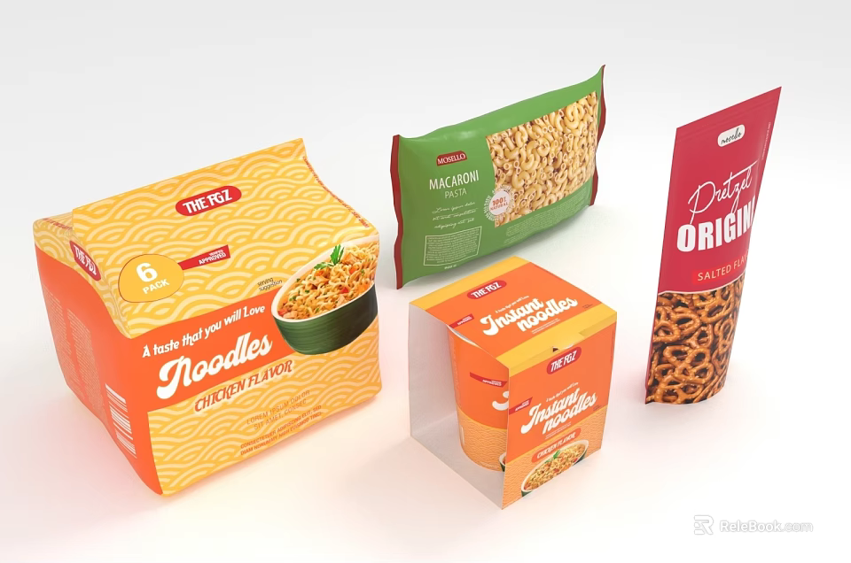 Colorful Food Packages Featuring Noodles Pita Chips Original and Crunchy Biscuits 3d model 