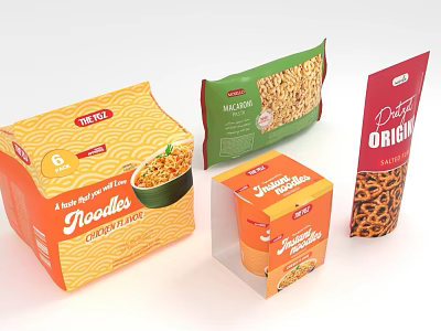 Colorful Food Packages Featuring Noodles Pita Chips Original and Crunchy Biscuits 3d model