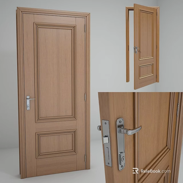 Wooden Swing Door With Classic Panel Design And Metal Handle Lock 3d model 