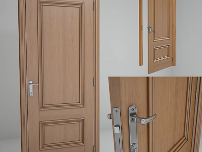 Wooden Swing Door With Classic Panel Design And Metal Handle Lock 3d model