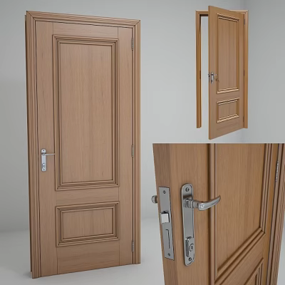 Wooden Swing Door With Classic Panel Design And Metal Handle Lock 3d model