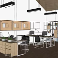 Modern Public Office Space With Wooden Ceiling Hanging Lights Bulletin Board And Potted Plants