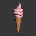 Sweet Pink Fluffy Ice Cream In Crispy Waffle Cone With Swirled Top